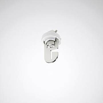Ein einzelner metallischer Haken mit Verriegelungsmechanismus, isoliert auf einem schlichten weißen Hintergrund.