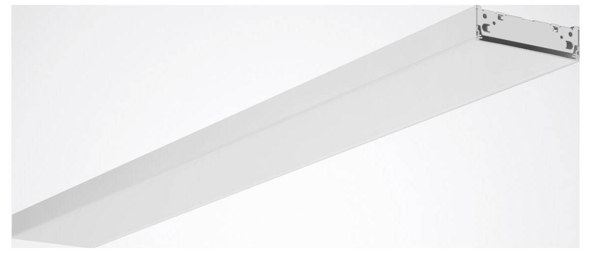 „Rechteckige weiße Deckenleuchte, aus einem Winkel betrachtet, die ein minimalistisches und modernes Design in einer hellen Umgebung zeigt.