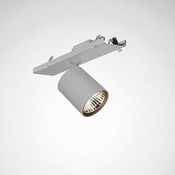 Ein einzelnes, an der Decke montiertes LED-Schienenlicht mit zylindrischem Gehäuse, das fokussiertes Licht nach unten wirft.