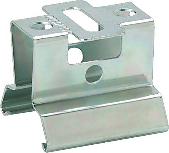 Eine Metallklammer mit einer rechteckigen Öffnung und zwei runden Löchern oben, verwendet zum Sichern von Gegenständen. Sie hat eine glänzende, silberfarbene Oberfläche.