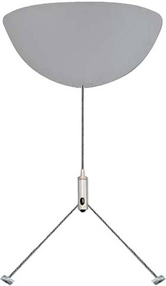 Eine Hängeleuchte mit einem halbkugelförmigen grauen Schirm und einem metallischen Aufhängungsmechanismus.