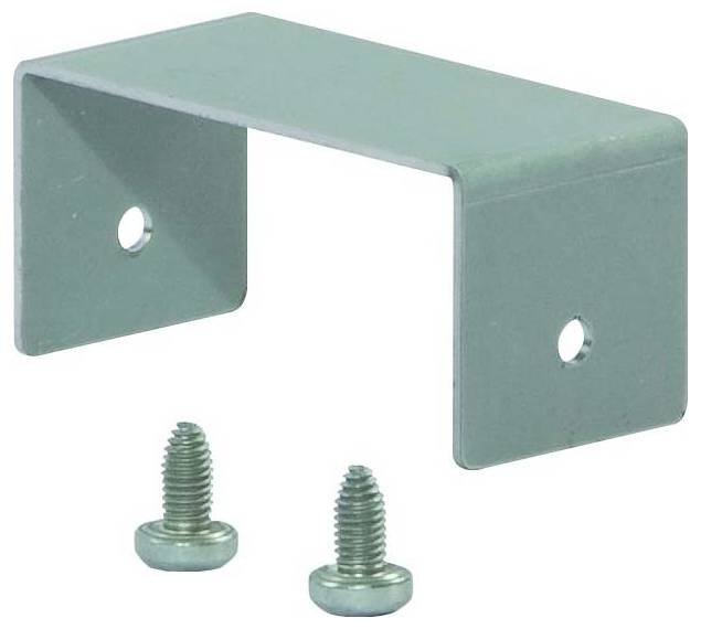 Eine Metallhalterung mit zwei Löchern und zwei Schrauben darunter, die zu Montagezwecken verwendet wird. Die Halterung ist in einer hellblauen Farbe lackiert.