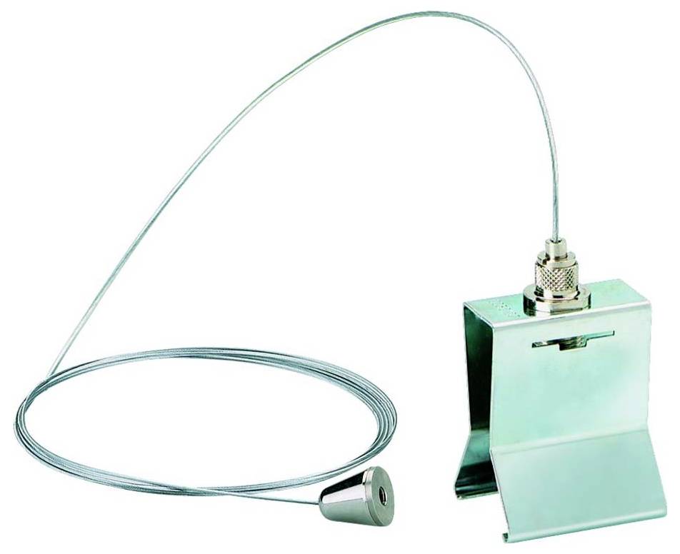 Ein silbernes Edelstahlkabelsystem mit langem flexiblem Draht und verstellbarer Deckenmontage, das zur sicheren Präsentation von Gegenständen verwendet wird.