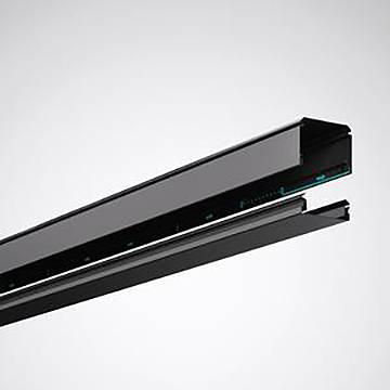 Langes, elegantes elektronisches Gerät in Schwarz und Grau mit minimalistischem Design, möglicherweise eine Leuchte oder ein Haushaltsgerät, vor grauem Hintergrund.