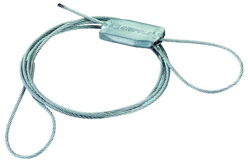 Ein türkisfarbenes Metallseil mit zwei Schlaufen und einem zentralen Griff­mecha­nismus, das zum Sichern von Objekten oder zum sicheren Aufhängen von Gegenständen verwendet wird.