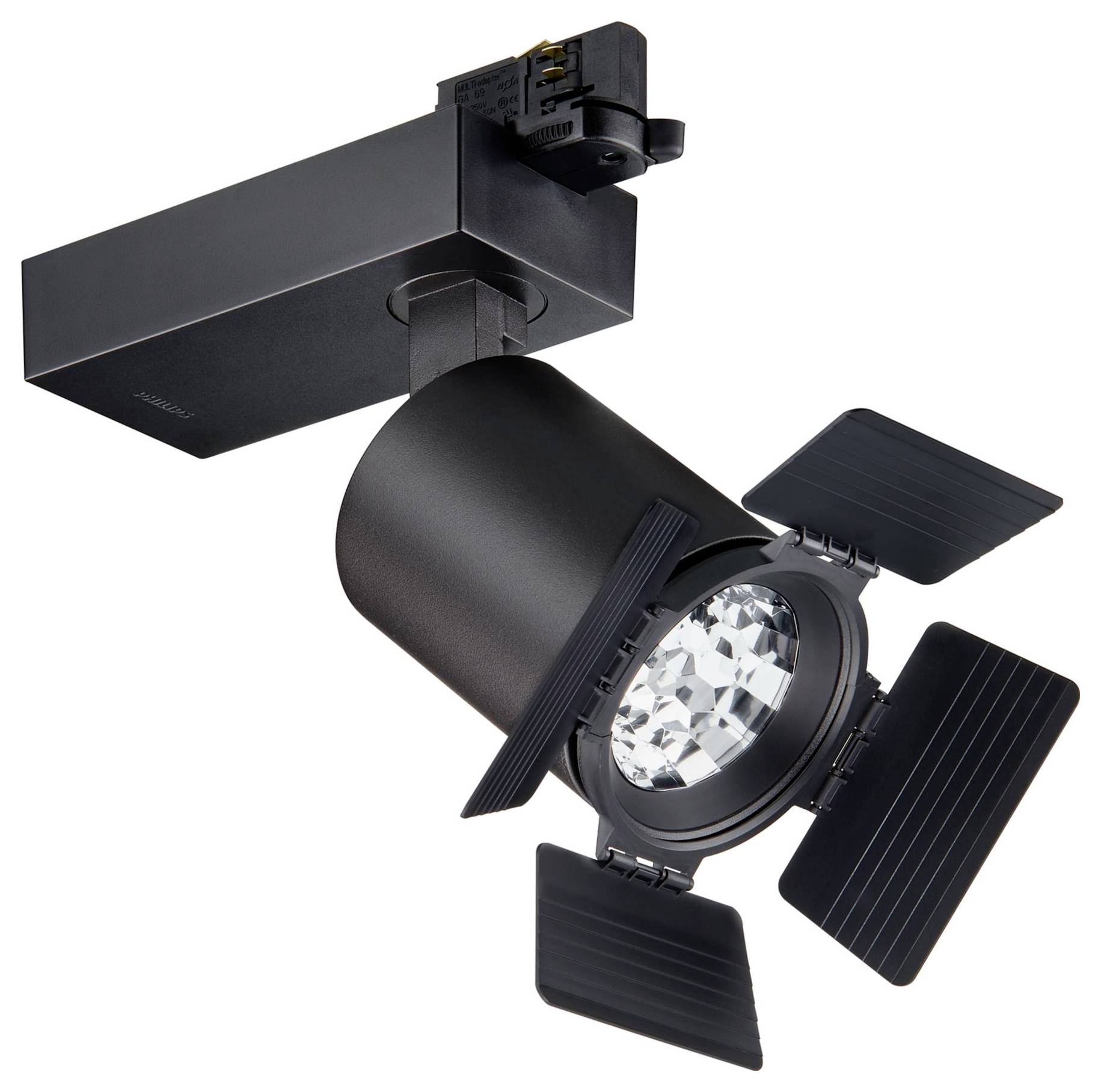 Schwarzes Bühnenlicht mit verstellbaren Blenden und Schienenmontagesystem, entwickelt für gerichtete Beleuchtung bei Aufführungen oder Ausstellungen.