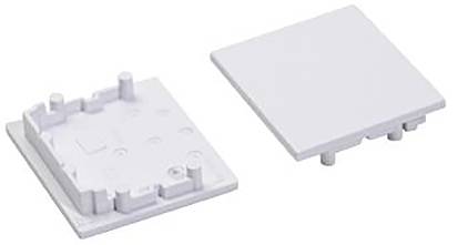 Zwei weiße Kunststoffquadratblenden, eine zeigt die Unterseite mit kleinen Stiften und Ausschnitten, die andere die glatte Oberseite, wahrscheinlich für Elektrosteckdosen.