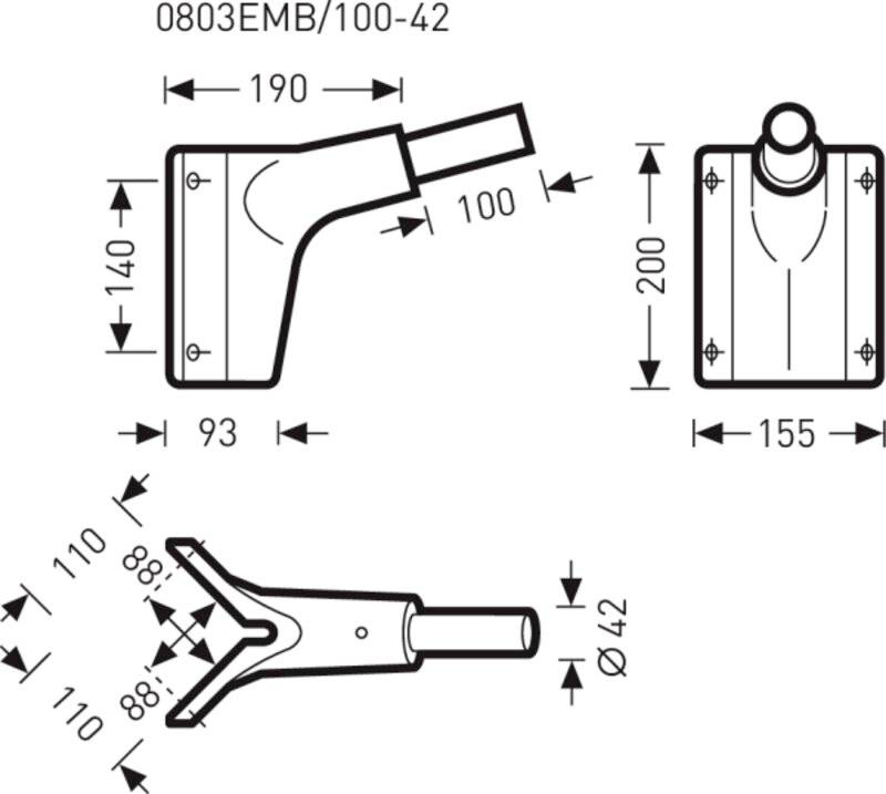 Technische Maßstabzeichnung des Teils 0803EMB/100-42 mit drei Ansichten und Maßen, einschließlich 190, 140, 200, 155, 93, 100, 110, 88 und Ø42.