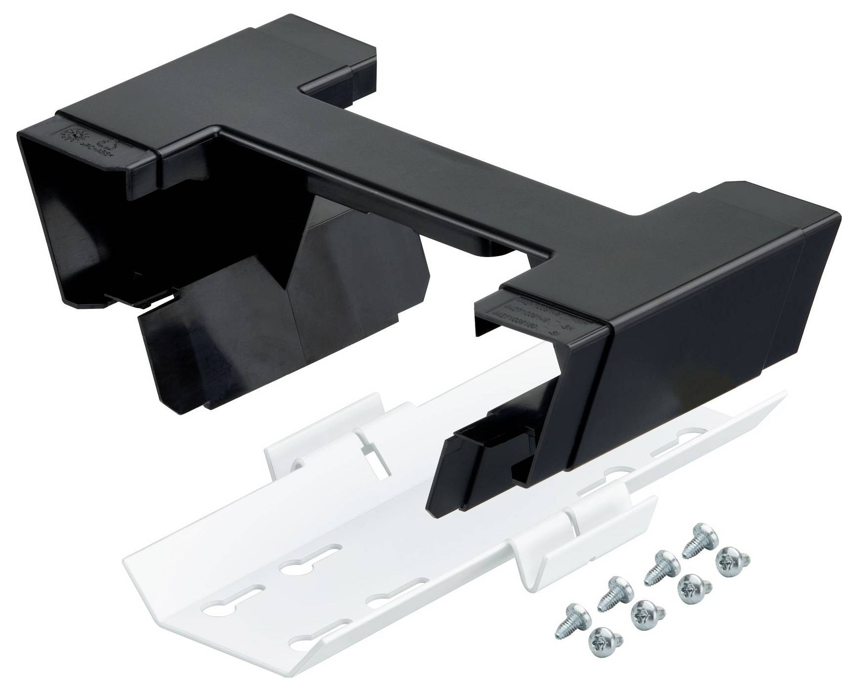 Montageklammer mit Schrauben zur sicheren Befestigung, mit schwarzen und weißen Komponenten, entwickelt für elektronische Geräte oder Installationen.