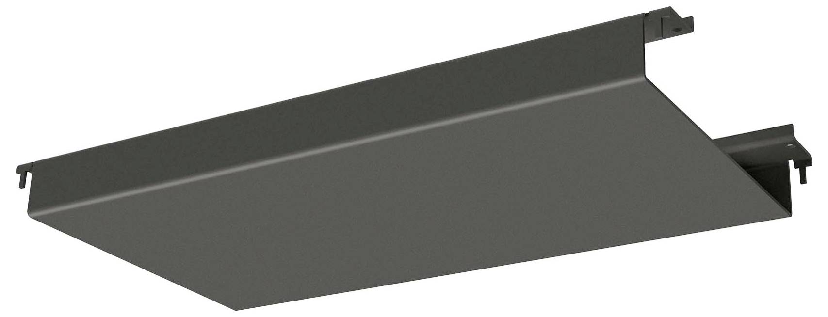 Ein Nahaufnahmebild einer rechteckigen, grauen Metalldeckenplatte, das ihr elegantes Design und die Befestigungskonsolen an den Seiten zeigt.