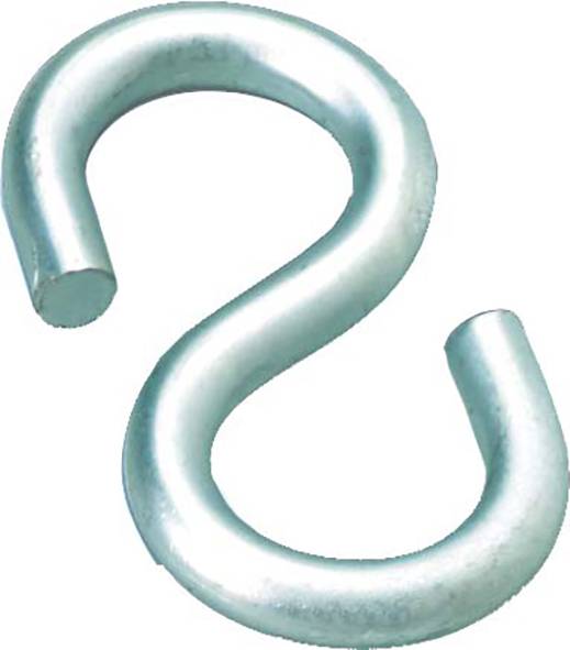 Ein metallischer S-förmiger Haken mit einer glänzenden, glatten Oberfläche vor einem einfachen Hintergrund.