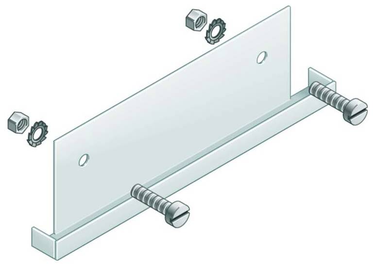 Diagramm einer Metallklammeranordnung mit zwei Schrauben, Muttern und Unterlegscheiben, die eine Explosionszeichnung zeigt, wie die Komponenten zusammenpassen.