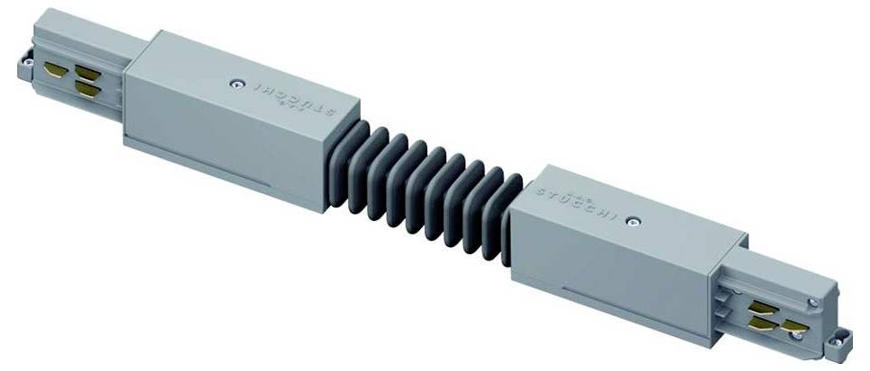 Ein flexibler Elektrostecker mit grauem Gehäuse und wellschwarzer Manschette, mit metallischen Kontakten an beiden Enden für Verbindungen.