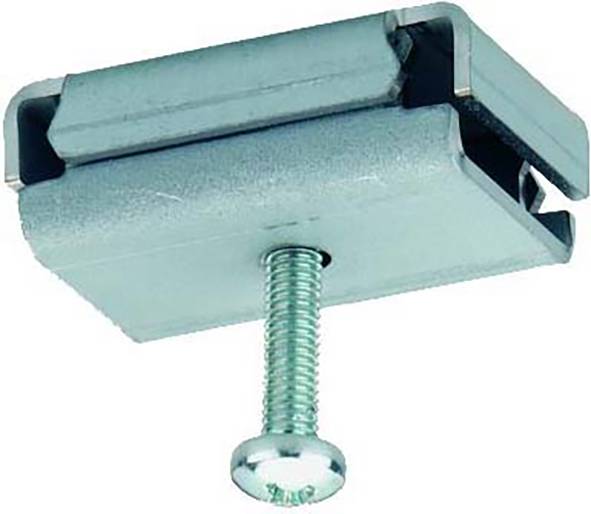 Ein blaugrüner Metallclip mit einer zentralen Schraube zum Befestigen von Objekten.