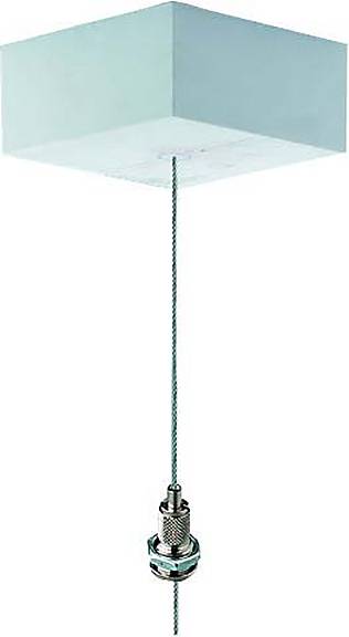 Ein silberner Zylinder hängt von einem blauen quadratischen Deckenblock herab, verbunden durch ein dünnes Metallkabel vor einem weißen Hintergrund.