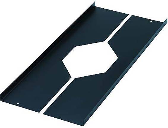 Eine schwarze Metallhalterung mit sechseckiger Ausschnittsmitte und geraden Kanten, entworfen für Strukturunterstützung oder Befestigungszwecke.