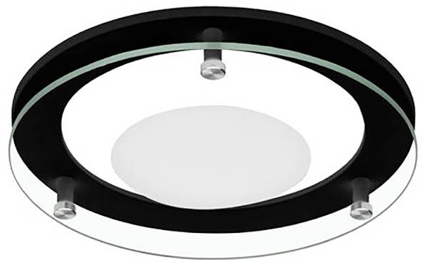 Eine moderne, kreisförmige Deckenleuchte mit einer mattierten zentralen Kuppel und zwei Schichten konzentrischer Ringe, die Metall- und Glasmaterialien verbindet.