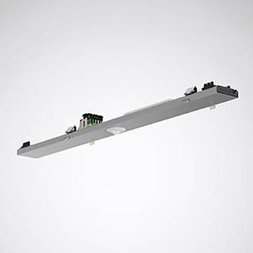 Eine rechteckige, an der Decke montierte LED-Leuchte mit elegantem Design, auf deren Oberfläche verschiedene technische Komponenten sichtbar sind.