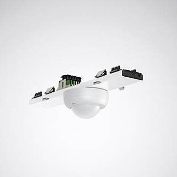 Ein weißes Sensorgerät mit verschiedenen elektronischen Komponenten, die auf einem Streifen montiert sind und für Deckeninstallationen oder Elektrosysteme verwendet werden.