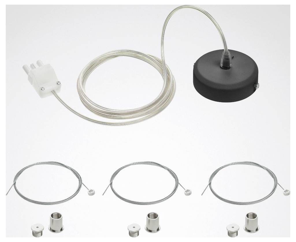 Ein aufgerolltes Kabel mit einer schwarzen kreisförmigen Basis und weißem Stecker, plus drei Sätze von Metalldrahtleitungen mit Steckverbindern und kleinen zylindrischen Teilen.