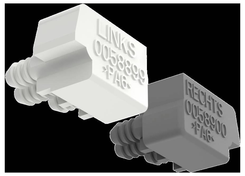 'LINKS 0058899 *PA6*' und 'RECHTS 0058900 *PA6*', weiße und graue Kunststoffteile mit Anschlüssen.