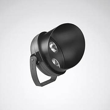 Ein schwarzes industrielles Flutlicht mit doppelten Linsen, die nach oben geneigt sind, vor einem grauen Hintergrund.