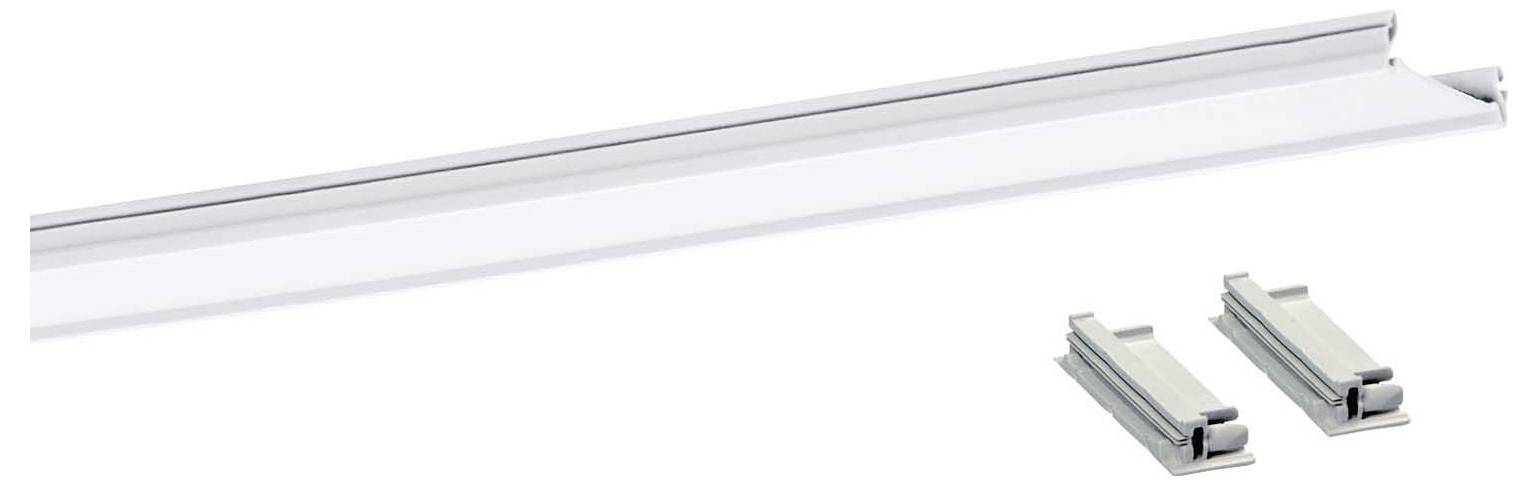 Ein langes, weißes LED-Lichtband mit zwei silbernen Montageclips daneben, bestimmt für die Installation unter Schränken oder in Schränken.