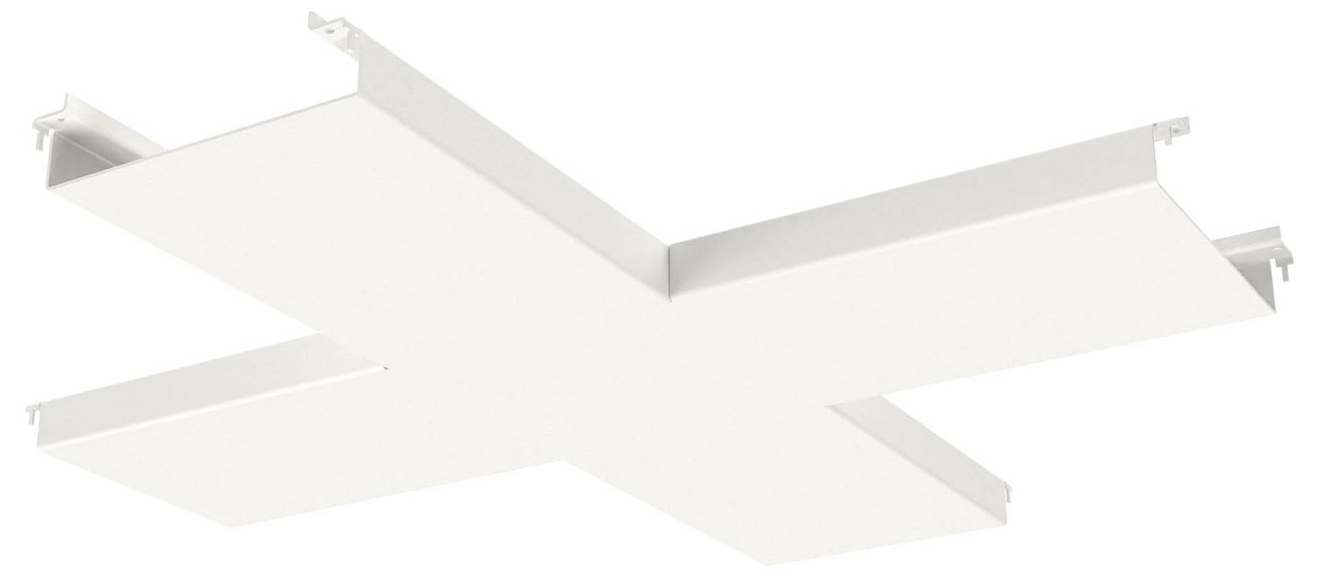 Ein weißer, kreuzförmiger Deckenrasterverbinder, der in Hängedeckensystemen verwendet wird und die Verbindung von Deckenelementen in einer Rasterstruktur ermöglicht.