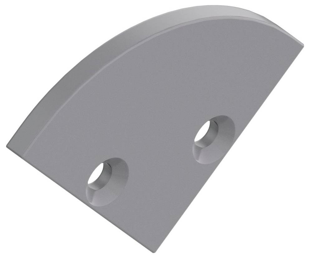 Ein solider, grauer, viertelkreisförmiger Halter mit zwei kreisförmigen Bohrungen. Der Halter scheint für Montage- oder Verbindungszwecke konzipiert zu sein.