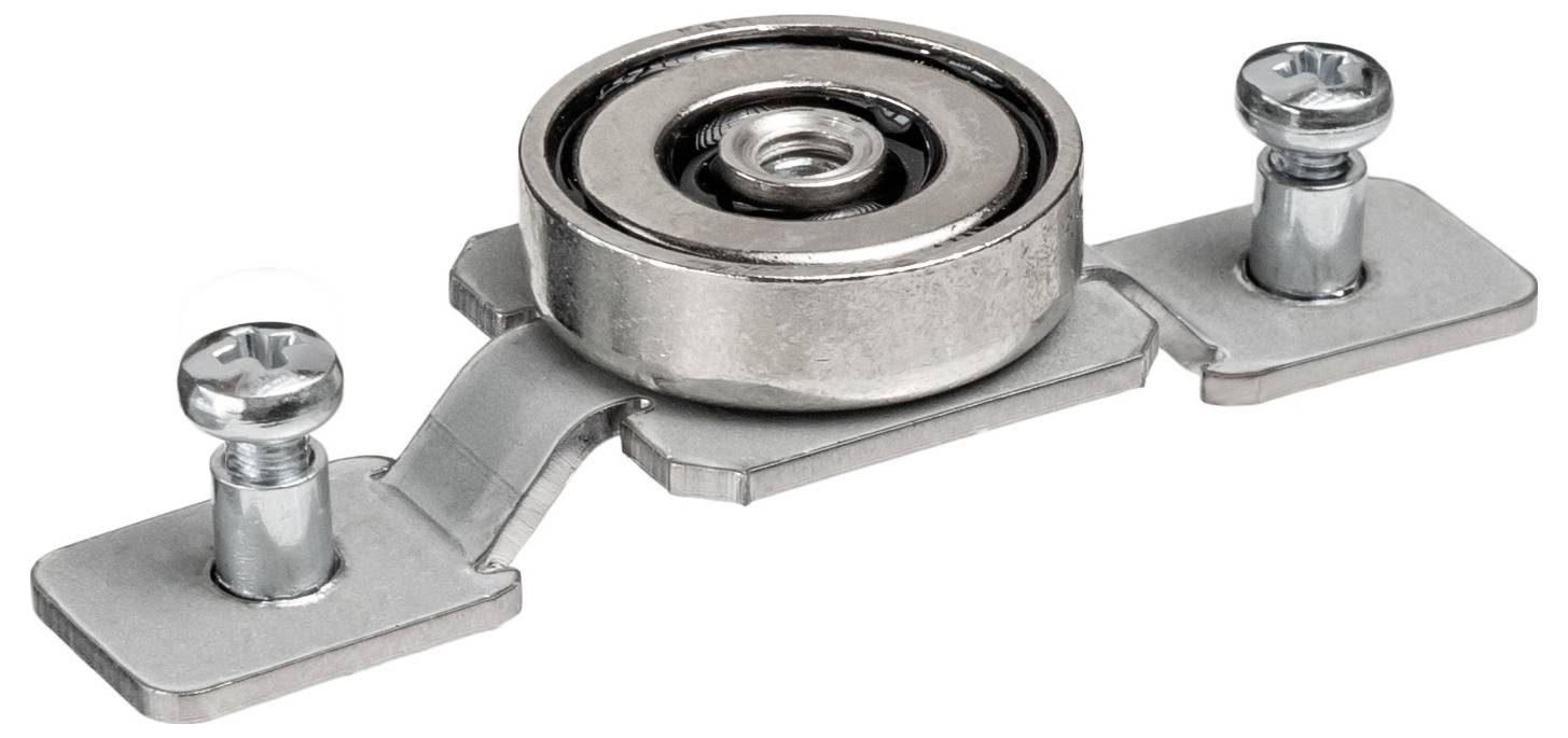 Eine Metallrolle mit einem zentral angebrachten kreisförmigen Rad, befestigt an einer geraden Metallhalterung, flankiert von zwei Schrauben auf jeder Seite zur Montage.