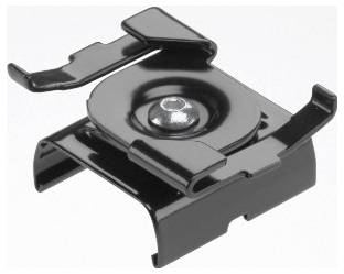 Eine schwarze Federmutter mit zentralem Schraubenloch, ausgestattet mit zwei erhöhten Flügeln zum Befestigen von Gegenständen, verwendet in industriellen oder mechanischen Baugruppen.