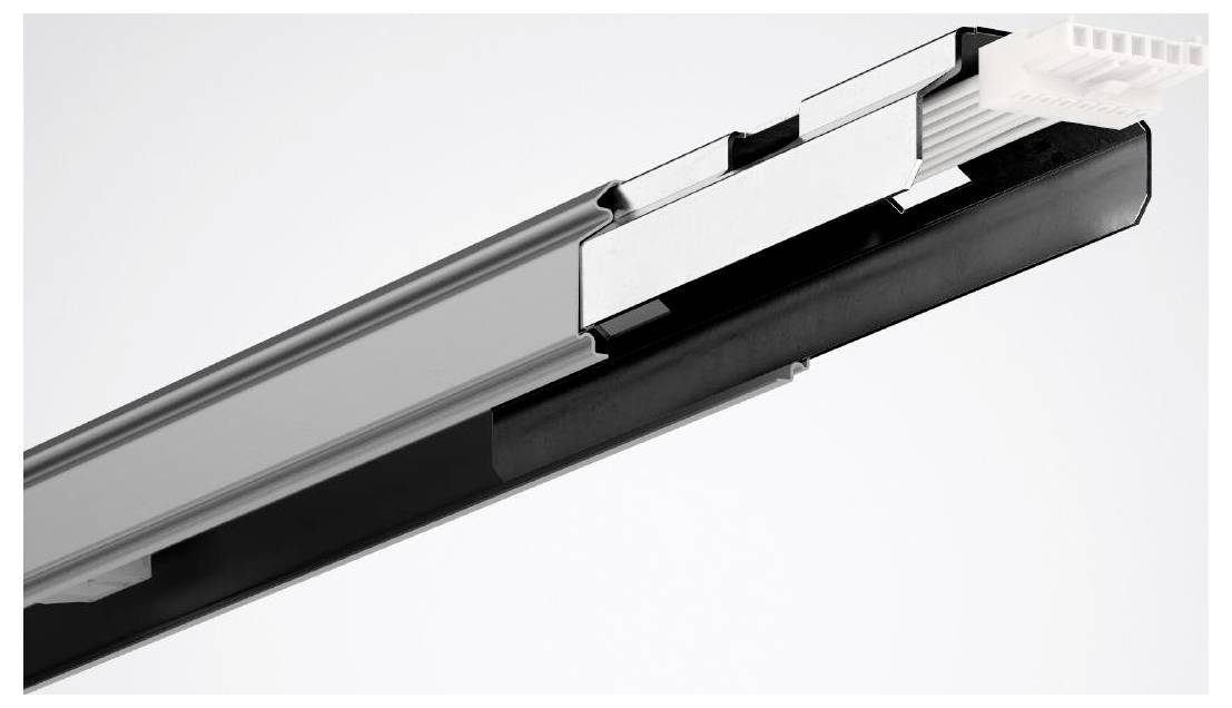 Nahaufnahme einer Teleskopschubladenschiene mit ihrer Metallstruktur und ihrem Design, die die Mechanismen für sanftes Gleiten und Unterstützung hervorhebt.