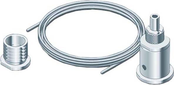 Abbildung eines Glasfaserkabels und von Steckverbindern, die die für die Montage oder Installation in Netzwerk-Hardware erforderlichen Teile zeigt.