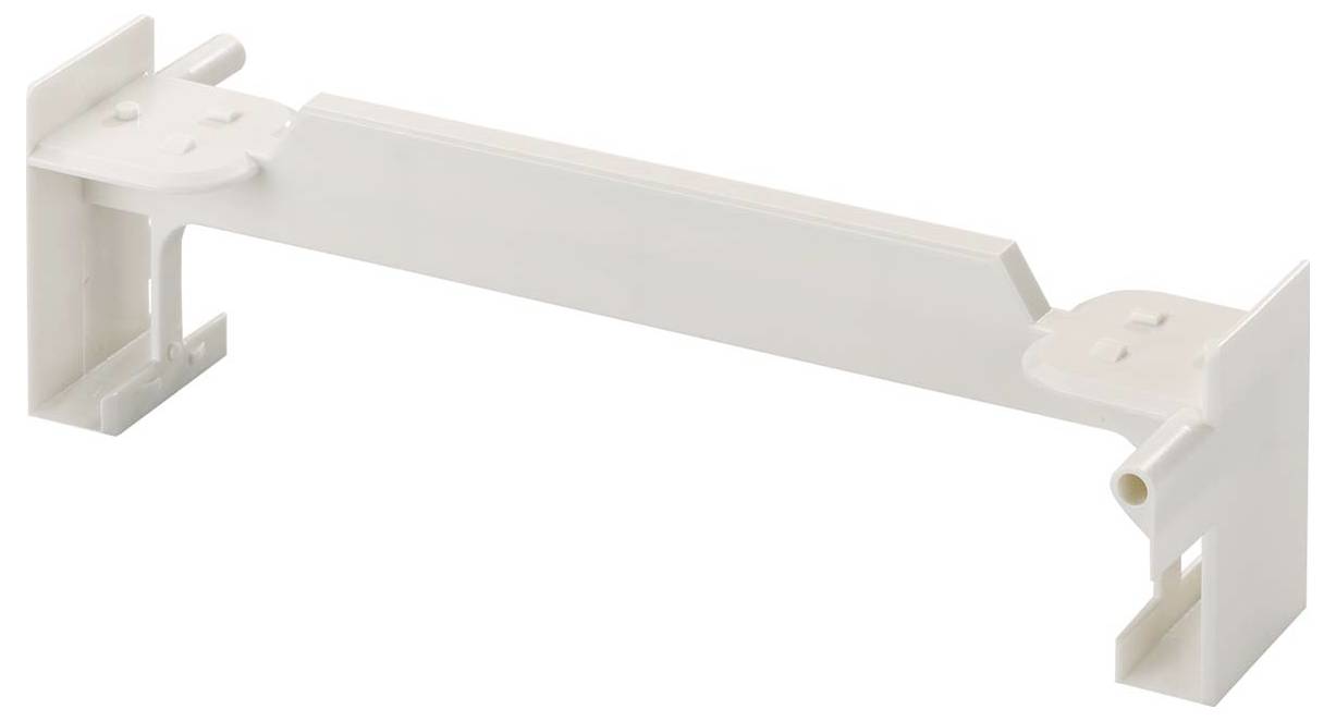 Eine weiße Kunststoffklammer mit zwei flachen Enden, wahrscheinlich zum Montieren oder Stützen von Objekten verwendet, vor einem einfachen Hintergrund dargestellt.