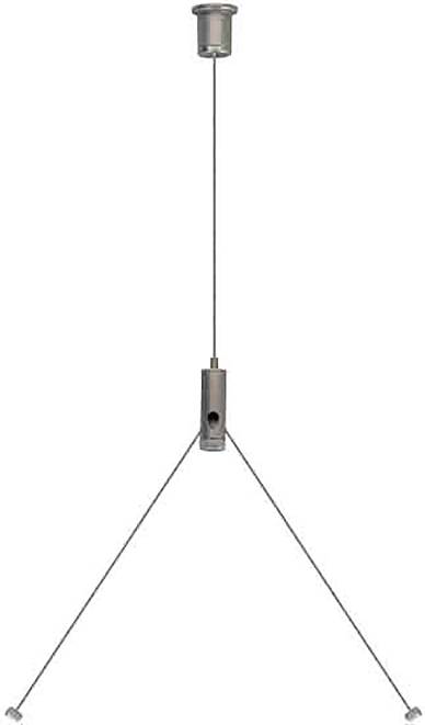 Ein minimalistisches Deckenleuchte mit einem schlanken, geraden Stab und einer konischen Basis, die zwei diagonale Stützkabel aufweist, die sich nach außen erstrecken.