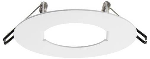 Ein rundes, weißes Einbau-Beleuchtungszierblech mit Spannclips für einfache Installation verfügt über eine Ausschnittöffnung für eine Leuchte.