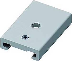 Eine rechteckige Metallhalterung mit zwei Bohrungen, eine große und eine kleine, die zum Montieren oder Stützen von Komponenten verwendet wird.