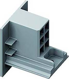 Eine 3D-Darstellung einer grauen L-förmigen Halterung mit drei Stützbalken und einem Gitter aus sechs quadratischen Öffnungen auf der vertikalen Fläche.