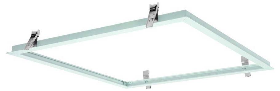 Ein rechteckiges, transparentes Deckenleuchten-Gehäuse mit Metallclips an jeder Ecke.