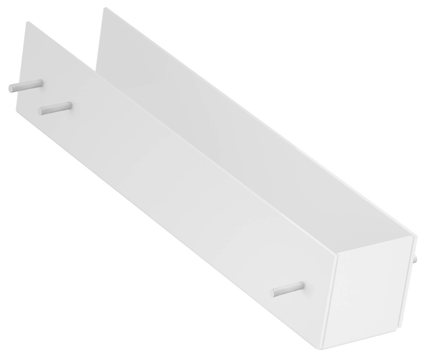 Weißer rechteckiger Kasten mit drei zylindrischen Stiften, die aus seinen Seiten hervorragen.