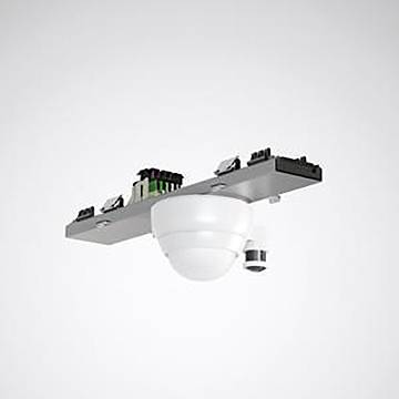 Ein an der Decke montiertes Gerät mit einer Kameraeinheit unter einer weißen Kuppel und mehreren elektronischen Komponenten auf einer Metallplattform, das zur Überwachung verwendet wird.