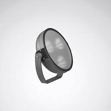 Großer runder LED-Flutlichtstrahler mit schwarzer Halterung, für den Außenbereich konzipiert, vor einfachem Hintergrund.