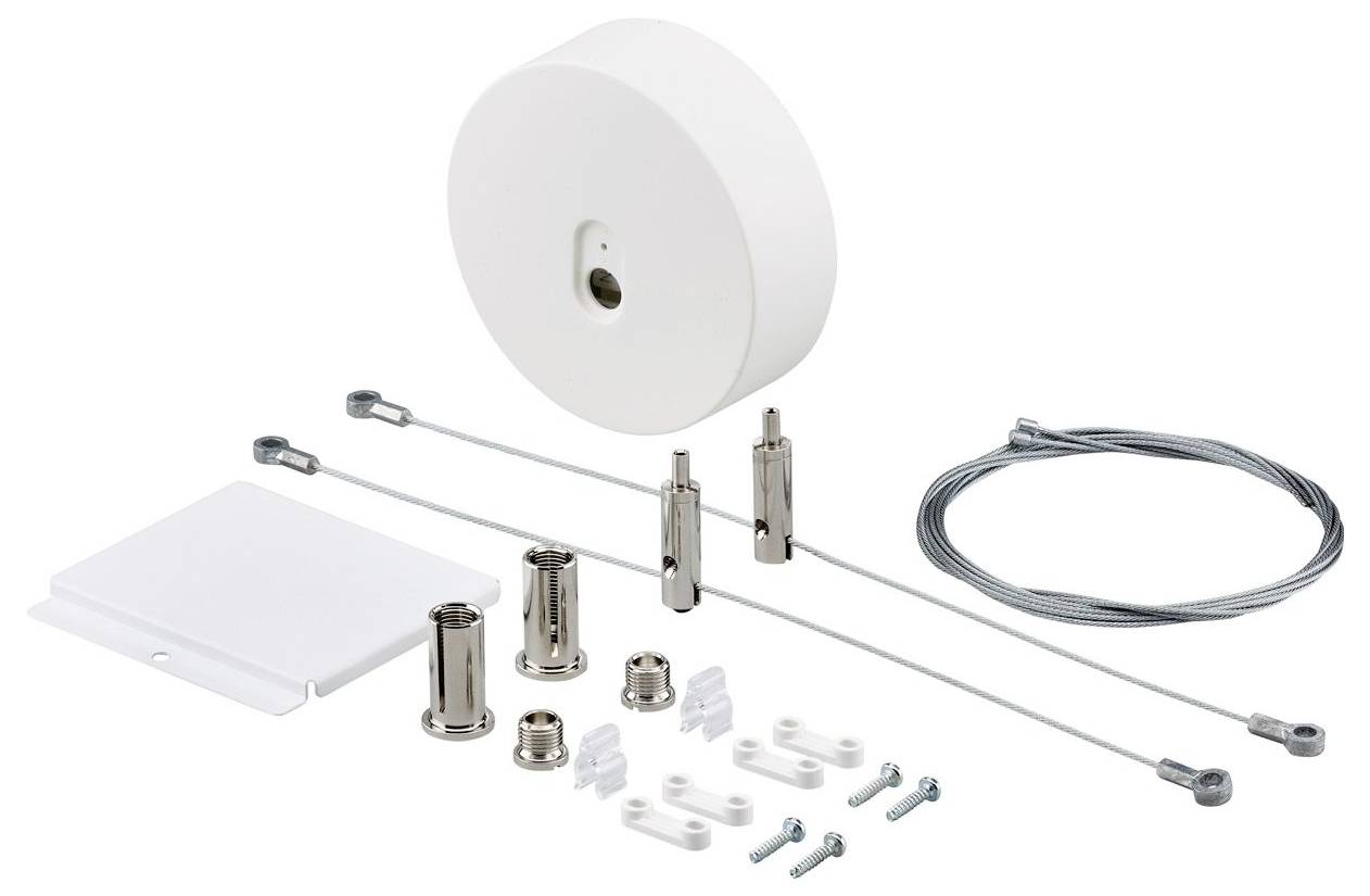 Kabel-Aufhängungssystem-Set mit Metallhalterungen, Spule und Befestigungselementen für Aufhängungszwecke, geeignet für anpassbare Installationen.