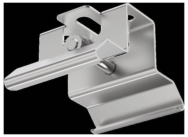 Ein Metallclip und Befestigungsteil zum Sichern von Paneelen, mit rechteckiger Form, zentralem Loch und erhöhtem Rand.