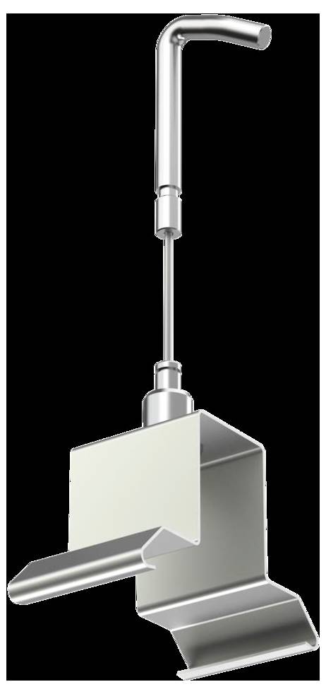 Ein schlankes, metallisches, vertikales Klemmgerät mit einem verstellbaren oberen Haken und einer geneigten Basis, das zum Halten oder Unterstützen von Gegenständen verwendet wird.