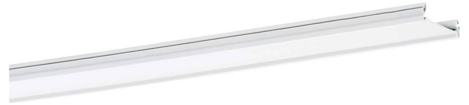 Schlanke, rechteckige metallische Schienenleucht mit weißem Anschluss.