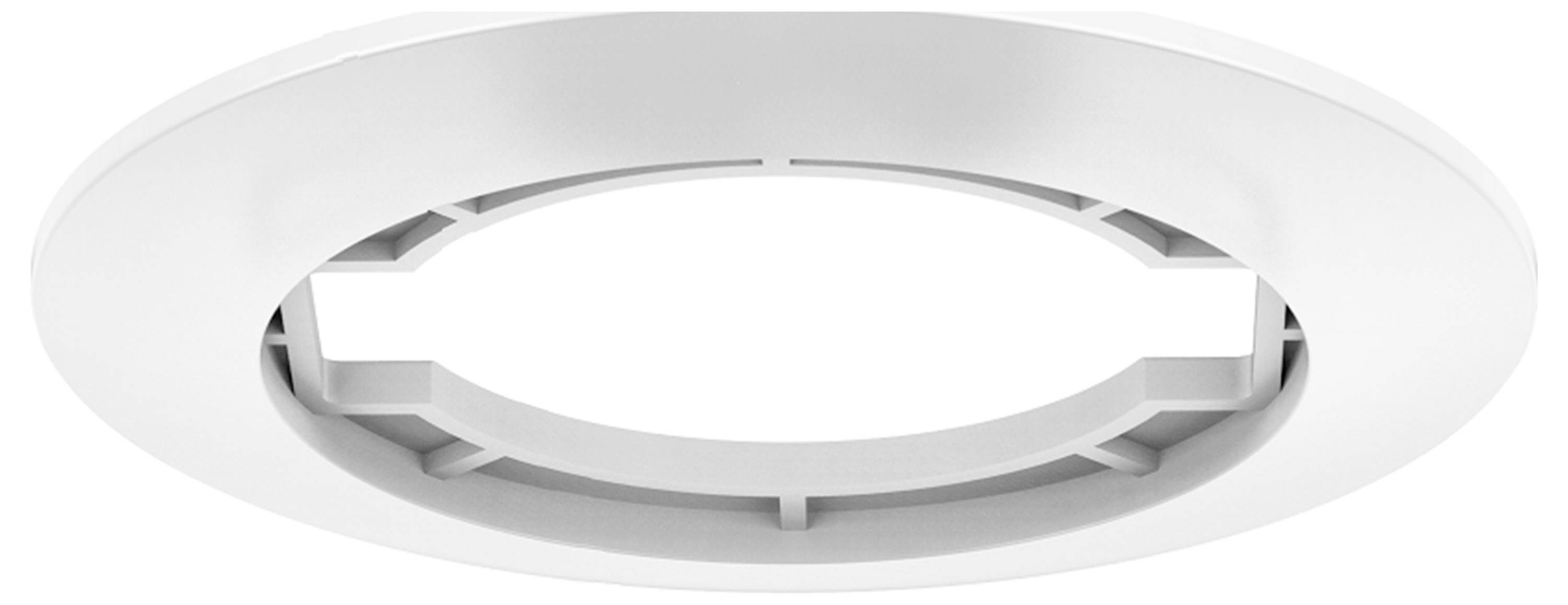 Eine weiße, kreisförmige Deckenmontageklammer mit mehreren Schlitzen, die zum Befestigen und Installieren eines elektronischen Geräts verwendet wird.