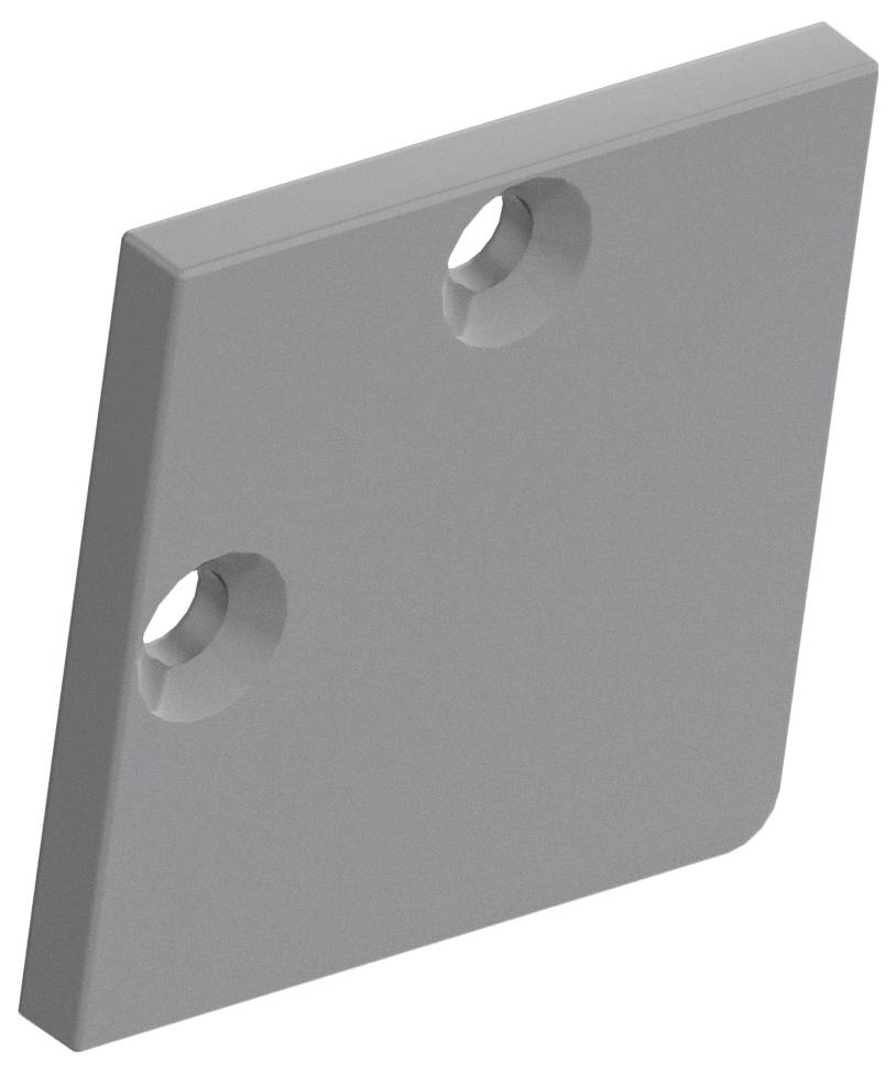 Ein graues, flaches, rechteckiges Metallstück mit zwei runden Löchern in der Nähe der Kante, wahrscheinlich als Montage- oder Verbindungshalterung verwendet.