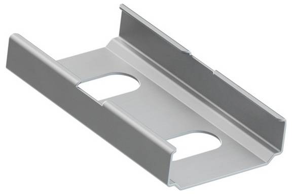 Eine silberfarbene Metallklammer mit zwei ovalen Löchern, verwendet zum Montieren oder Sichern von Objekten.