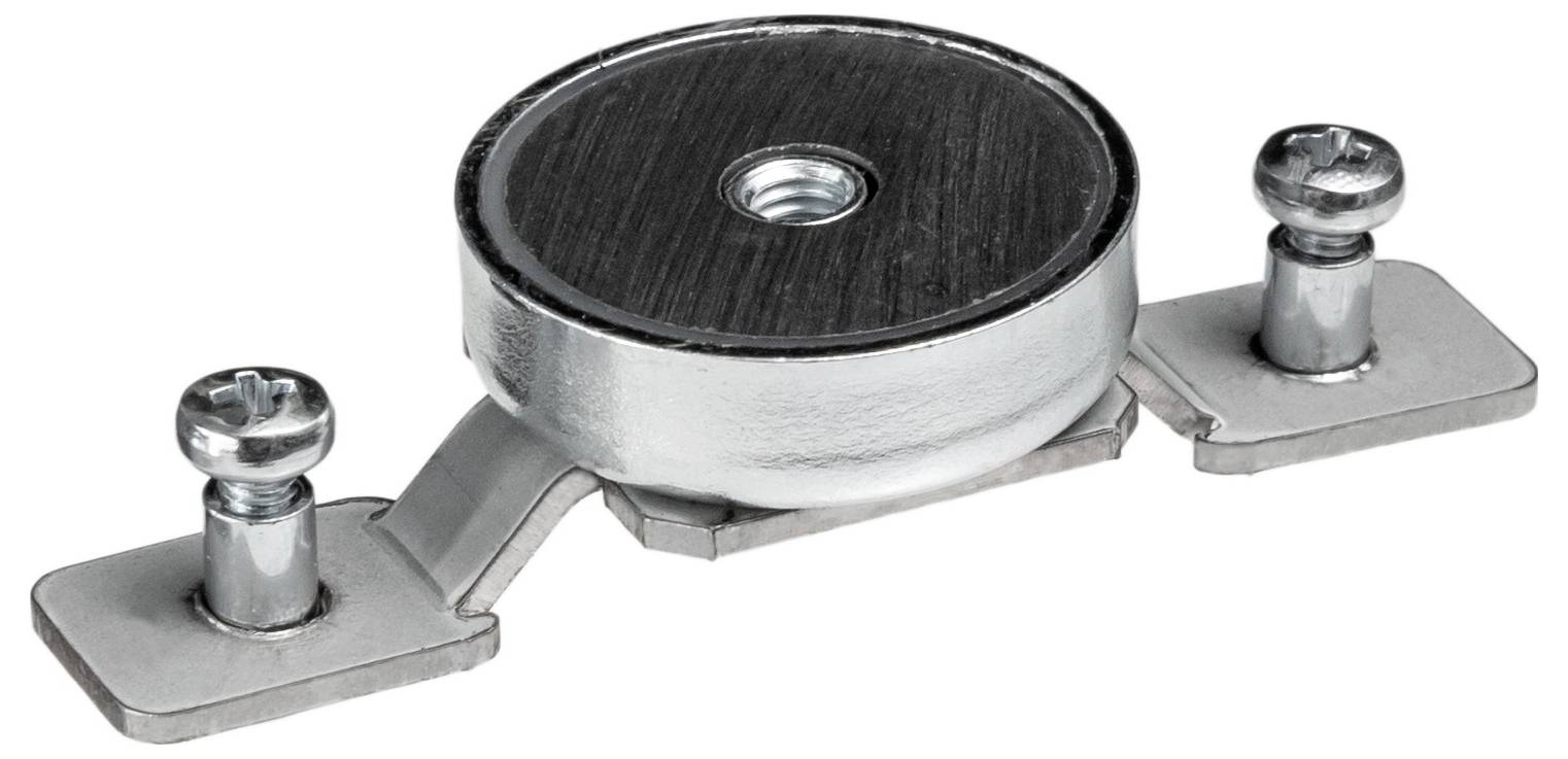 Ein rundenförmiger Metallmagnet mit einem Gewindezentrierungsloch, flankiert von zwei Schrauben auf quadratischen Metallbasen, wahrscheinlich zu Montagezwecken.